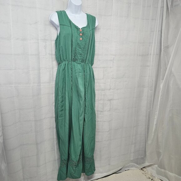 Matilda Jane Green Sleeveless Maxi Dress Crochet Pintuck Boho Prairie L - Picture 4 of 12